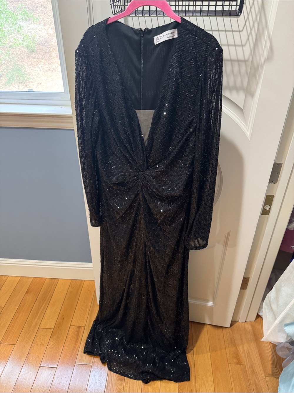 Black Sequin Twist-Front Long Sleeve Wedding Dress by JESSA & NATALIE